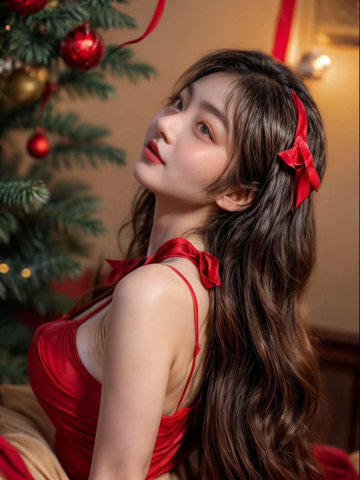 masterpiece、8K、32K、top-quality、(A detailed eye)、(A cute Japanese woman、bangss)、23years old、1 girl in、elegent、(Detailed background depiction、portlate:1.2)、(blushed face、ssmile:1.5)、(illuminations、Christmas:1.4)、(Semi-undressing、nude)、(A thin red ribbon is tied around the body:1.5)、thighs thighs thighs thighs、Hide your plump breasts with a ribbon、looking-down、(Angle from below:1.2)