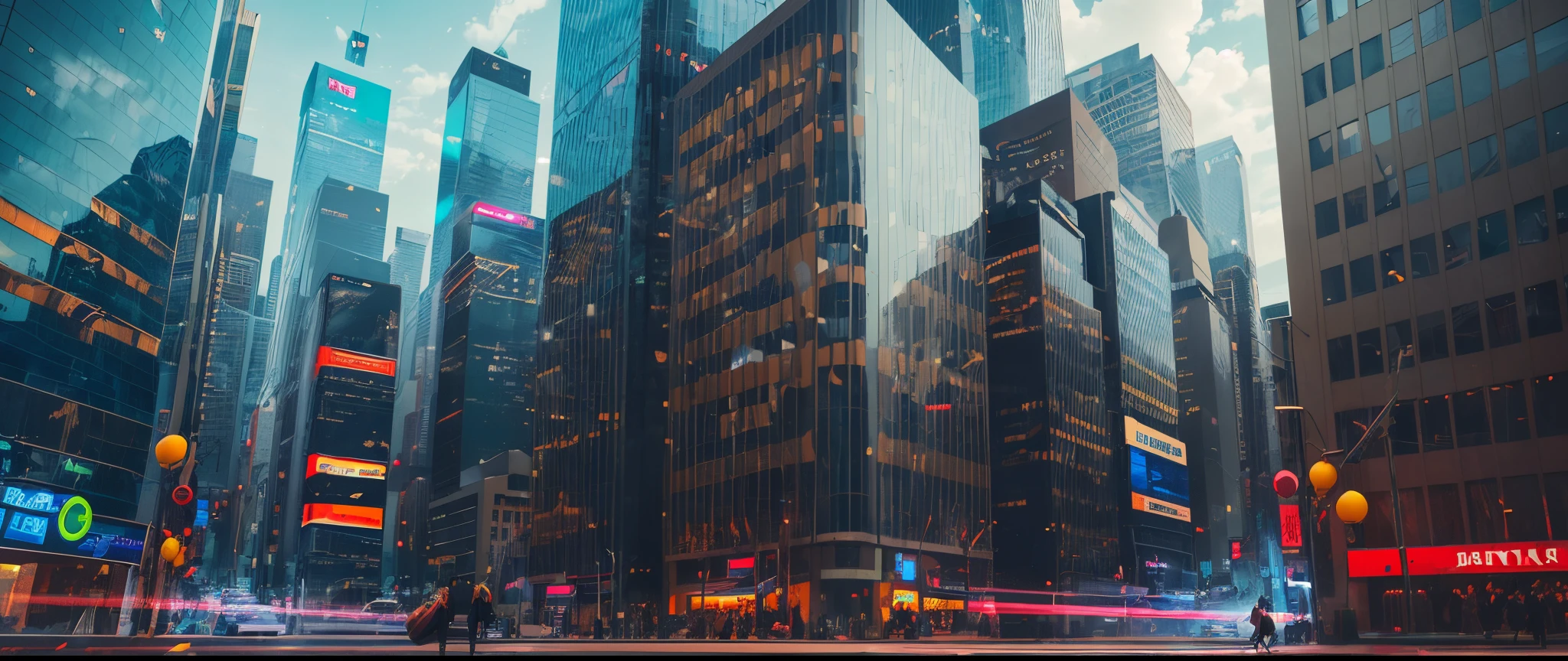 2048, future city, tall buildings, digital advertisements scrolling on a big screen. The main character Ivy walks through the city, the digital clock scrolls quickly to show. The image clean and detailed, professional cinematic lighting, Hollywood sci-fi movie style, green-orange cinematic tones, techno sci-fi feel, ray tracing , HDR , 4K, Photographic --auto --s2