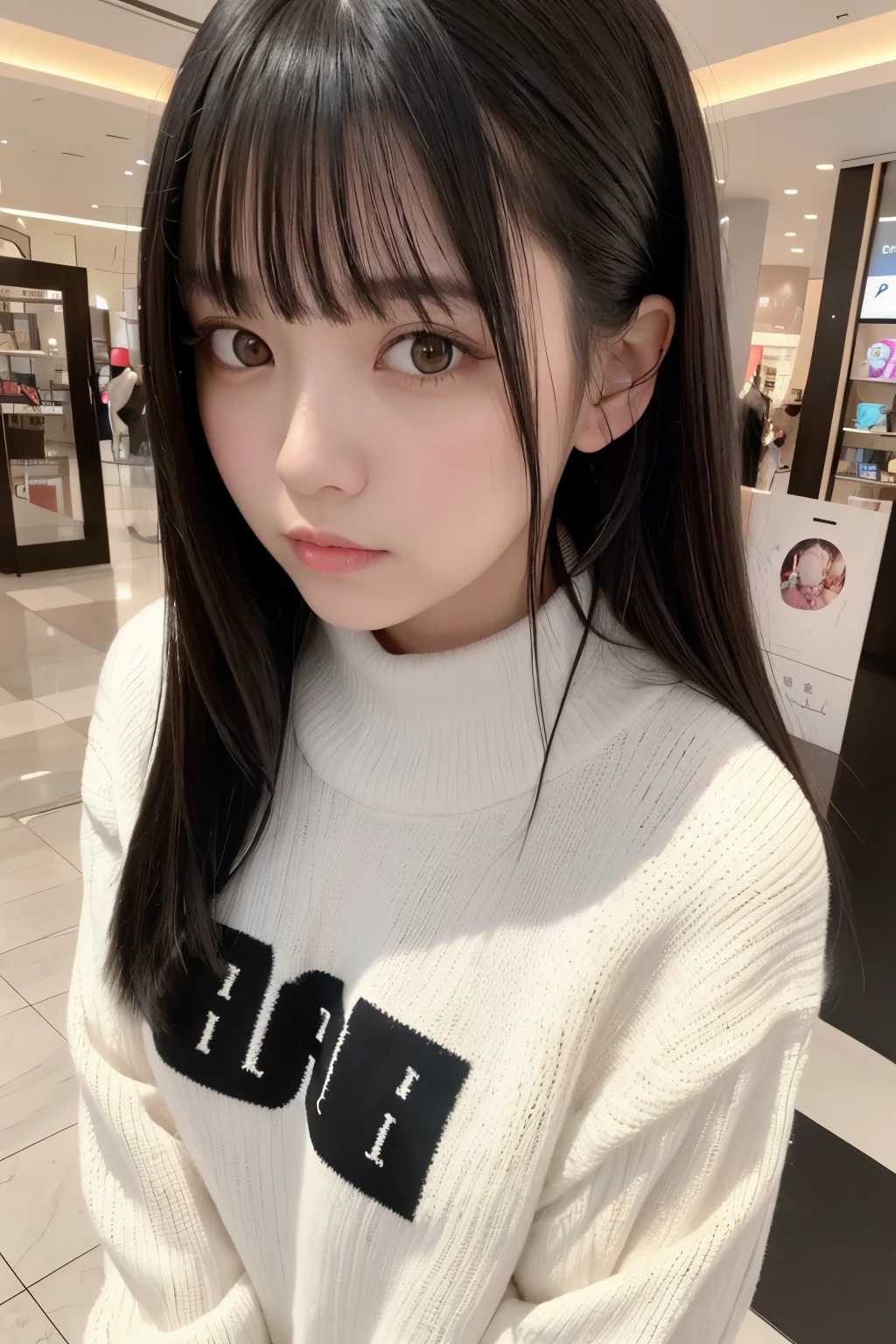 masterpiece, best quality,1girl, solo, black hair, realistic, looking at viewer, black eyes, long hair, oversized sweater, bangs, mall, closed mouth, hime cut, selfie