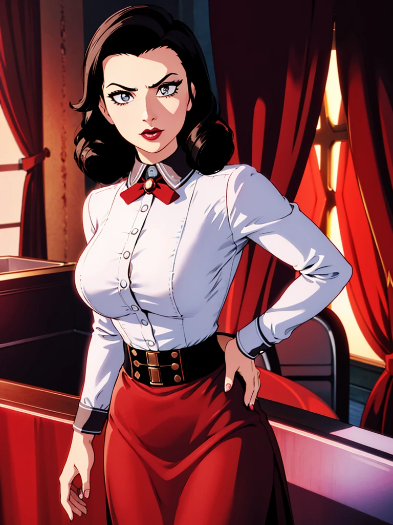 Elizabeth comstock, (heroine uniform: 2), big breasts, serious look, epic pose, heroic, red lipstick, (8k, RAW photo, best quality, masterpiece:1.2),ultra-detailed, (high detailed skin:1.2), 8k uhd, dslr, soft lighting, high quality, upskirt, (white panties: 2), (visible panties: 2), (lifting her skirt: 2), (spreading her legs: 1.2), (big boobs: 2.5), (walking up the stairs: 2),