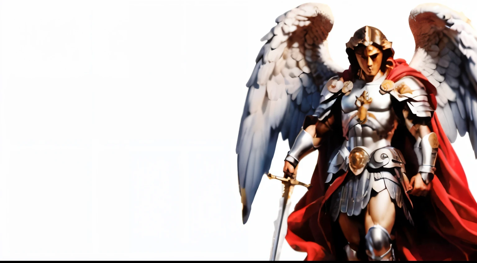 a close up of a statue of an angel with a sword, Arcanjo Miguel, saint michael the angel, arcanjo, angel in plastic armor, heroes of might and magic, Heroes of Power and Magic 3, Armor angle with wing, angelic, biblical accurate angel, Tiro distante High Angel, anjo, Anjo majestoso de corpo inteiro, anjo do antigo testamento