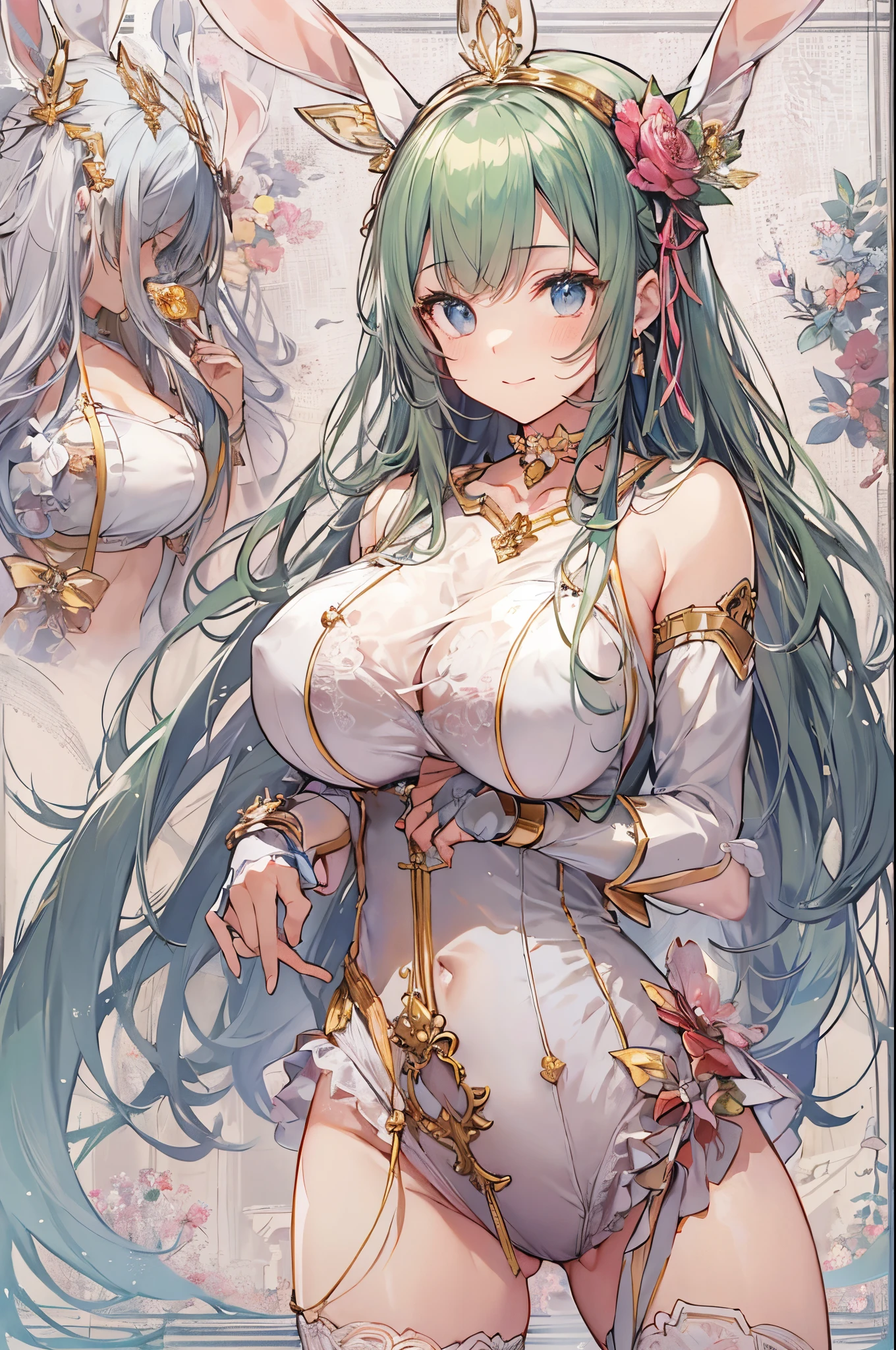 ((2D beautiful girl、top-quality: 1.2、Perfect fingers: 1.2、perfect anatomia: 1.1、Dress perfectly、face perfect: 1.1、4ｋ、8ｋ、top-quality、Perfect Finger 1.1、Perfect  1.1))、Beautiful illustration with blurred background))、(Transformation Sequence)、18year old、Solio、princess  art、a baby face、((stright long hair))、(Slender legs)、Large sagging eyes:1.1、(1 persons)、A shy smile with a blush、inside in room、((bunnygirl、leotard、ribbon choker、Cuffs、Bunny Katyusha))、wide Shots、is standing、((Full body depiction))、The  is fluttering、