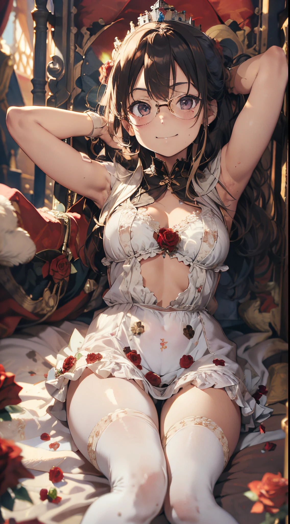 (The highest image quality, master piece:1.2), (Ultra Definition Illustration), (NSFW:1.3), (very cute little queen, yo:1.3), (1 girl:1.2), Solo, (shoot from very below:1.3) ,(condescending look:1.3) NSFW, sleeveless, armpits, arms behind head, embarrassed, closed eyes, (sleeveless gorgeous queen red dress with roses:1.3), (lying on bed:1.2), queen crown, showing dirty panties, Full body, Round ba(Glasses, Blonde Short-Cut Hair), (white thigh high pantyhose:1.2), (Evil smile, mean face, Mesugaki smile), Luxurious palace rooms, Fancy Room, RPG Royale, (widely spread leg:1.3), (bukkake, cum:1.2),