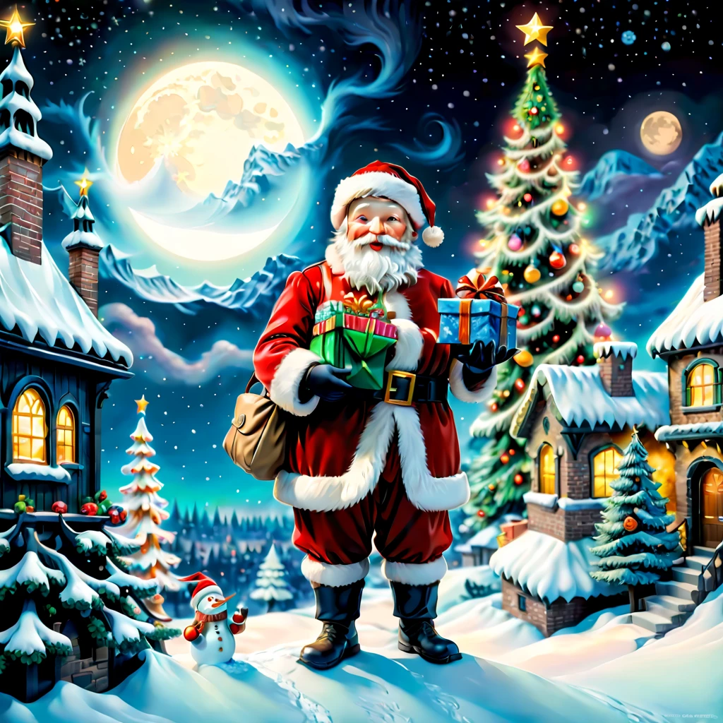 (tmasterpiece),(ultra - detailed: 1.3),Best quality,glittery,Fantasy Christmas World,(Christmas in the style of Van Gogh: 1.5), themoon,(Snowy night in Christmas town),((Cute Santa Claus holding list and bag of gifts, Stand on the roof,Trying to climb into the chimney)),robin standing on head,((Christmas tree,Confectionery,Cane sugar,Christmas gifts, Christmas snowman)), and decorations, Cute design style, natta,Skysky,moon full,Shown in this beautiful scene, vibrant with colors、Just the right color,1.4x more realism,hyper HD,(very detailed nipples,Reasonable design,Clear lines,High- sharpness,tmasterpiece,offcial art,movie light effect,8K, Ultra-high saturation,Super high natural saturation), Flat anime style, Minimalist, Flat vector art, flatillustration, adolable,