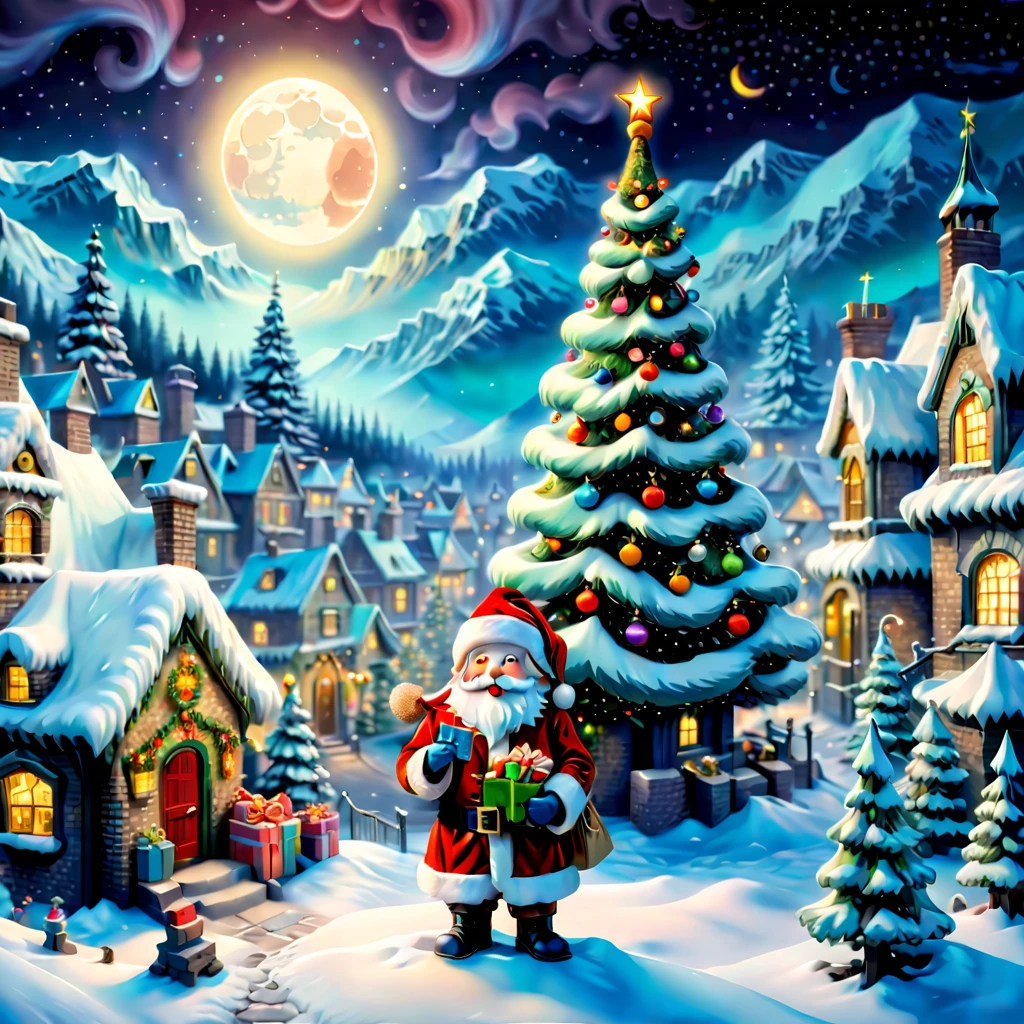 (tmasterpiece),(ultra - detailed: 1.3),Best quality,glittery,Fantasy Christmas World,(Christmas in the style of Van Gogh: 1.5), themoon,(Snowy night in Christmas town),((Cute Santa Claus holding list and bag of gifts, Stand on the roof,Trying to climb into the chimney)),robin standing on head,((Christmas tree,Confectionery,Cane sugar,Christmas gifts, Christmas snowman)), and decorations, Cute design style, natta,Skysky,moon full,Shown in this beautiful scene, vibrant with colors、Just the right color,1.4x more realism,hyper HD,(very detailed nipples,Reasonable design,Clear lines,High- sharpness,tmasterpiece,offcial art,movie light effect,8K, Ultra-high saturation,Super high natural saturation), Flat anime style, Minimalist, Flat vector art, flatillustration, adolable,