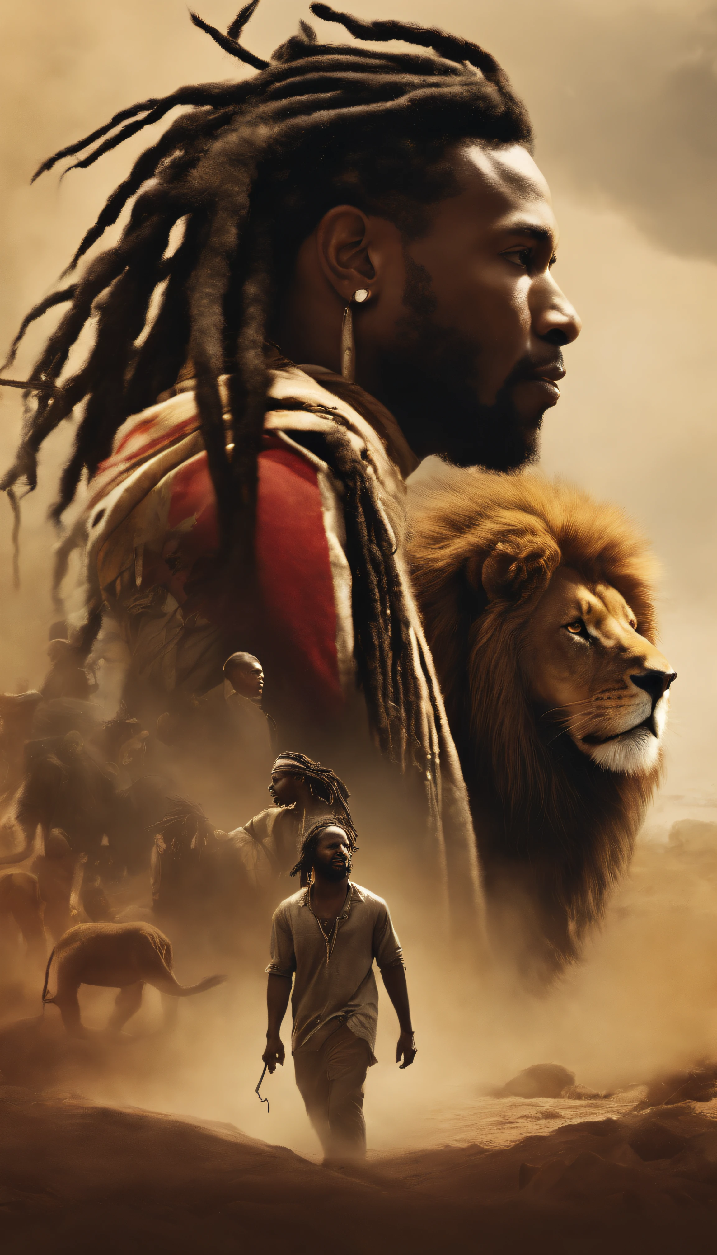 an image of a black man with dreadlocks walking next to a Rastafarian lion, Nenhum estilo de Russ Mills, Michael Garmash, charming sketches, mono-ha, Contemporary Asian art, Lilia Alvarado, Pincelada concisa --AR 69:128 --s 750 --V 5. 2, pinceladas nas cores do reggae
