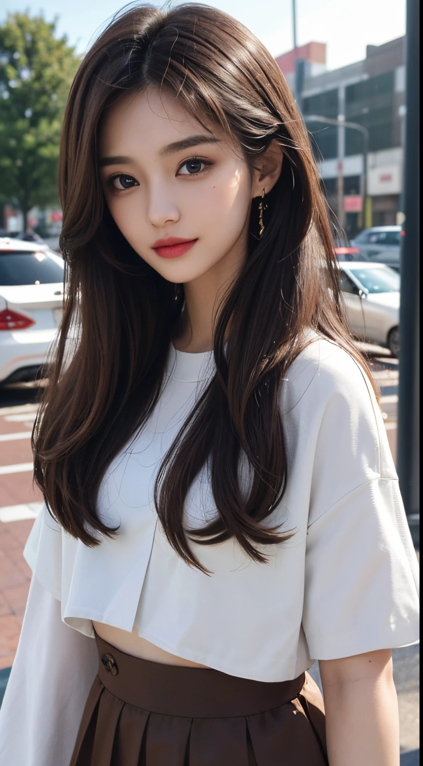 ((Best quality at best, 8K, tmasterpiece: 1.3)), 1 girl, slim, (Brown hair long hair hairstyle, ), a skirt: 1.1, Super slim face, Elaborate Eyes, 二重まぶた, ssmile,