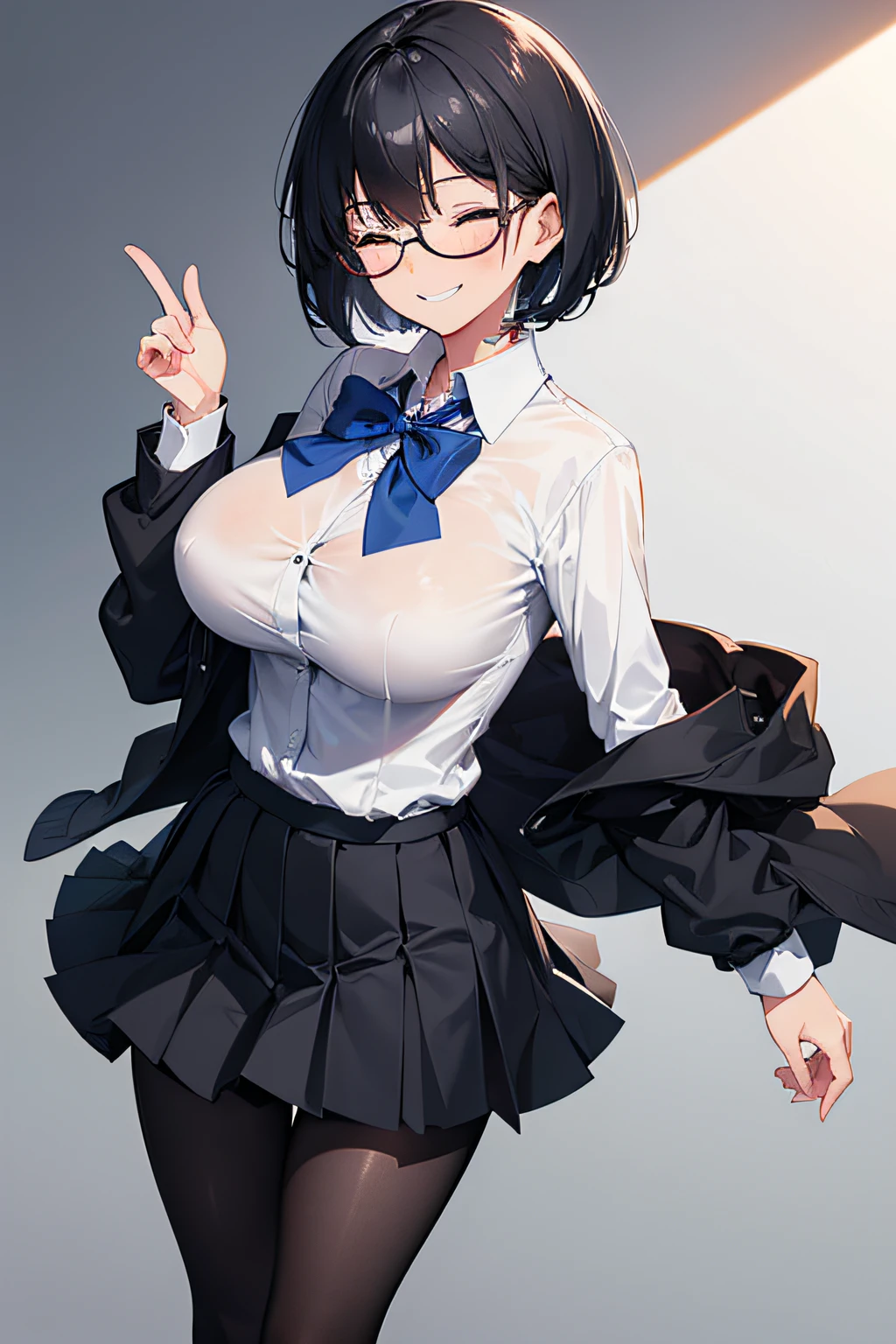 1 girl, (Slim body:1.2), (Huge breasts:1.1), Black hair, Short hair, Black eyes, School uniform, White shirt, Long sleeve shirt, Navy blue pleated skirt, (Black tights:1.1), light blue bowtie, Red-rimmed glasses, (Looking back:1.2), Smile, Eyes closed,