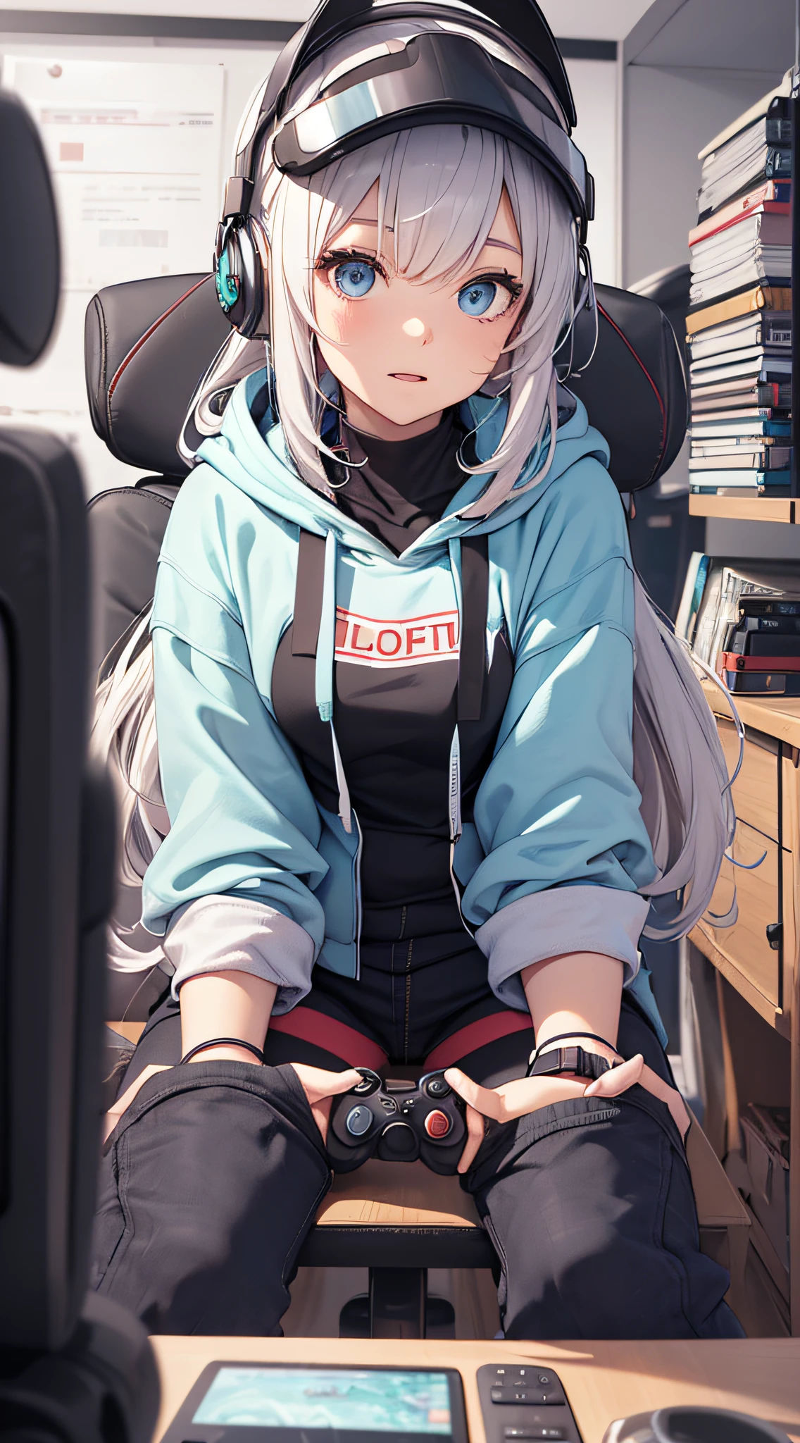 masterpiece,best quality,1girl,fairy knight lancelot (fate),white hair,long hair,forked eyebrows,bangs,brown eyes,(black shirt,game controller print),playing video game,holding game controller,game console,excited,smile,open mouth,bedroom,<lora:melusine:0.9>,<lora:GameController092602:0.9>,