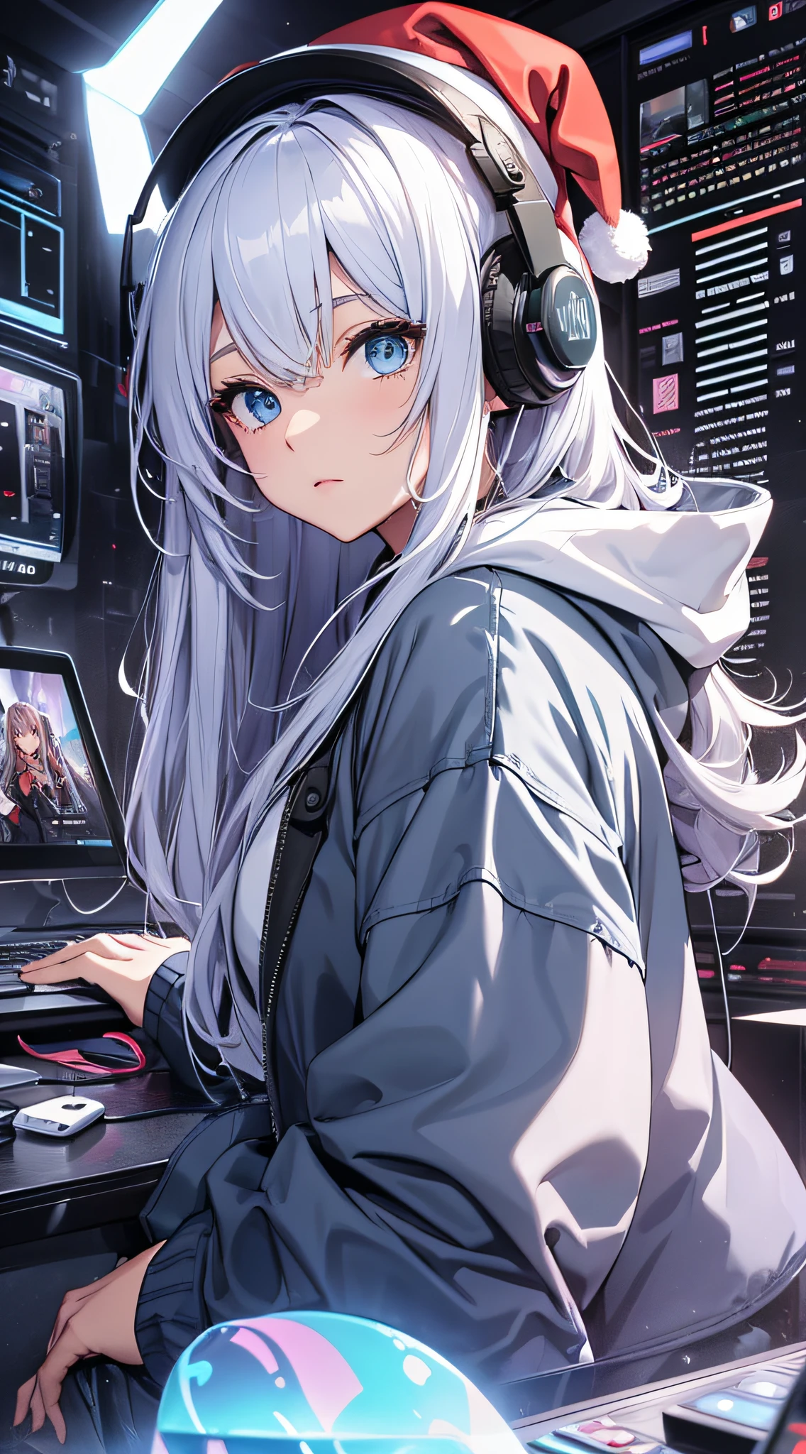 top-quality、Top image quality、​masterpiece、teens girl((Blue Hoodie、black trousers、Santa's Hat、18year old、 Ager、Best Bust、big bast,Beautiful light blue eyes, Long silver hair、A slender,Large valleys、Reflecting the whole body、Leaning forward、Attach VR visor、have a VR controller、Frightened face)),hiquality、Beautiful Art、Background with(( Gaming Room)))、masutepiece、depth of fields,