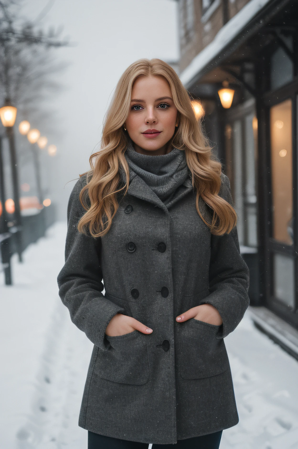 professional portrait photograph of a gorgeous Norwegian girl in winter clothing with long wavy blonde hair, sultry flirty look, (freckles), gorgeous symmetrical face, cute natural makeup, wearing elegant warm winter fashion clothing, ((standing outside in snowy city street)), stunning modern  environment, ultra realistic, concept art, elegant, highly detailed, intricate, sharp focus, depth of field, f/1. 8, 85mm, medium shot, mid shot, (((professionally color graded))), bright soft diffused light, (volumetric fog), trending on instagram, hdr 4k, 8k