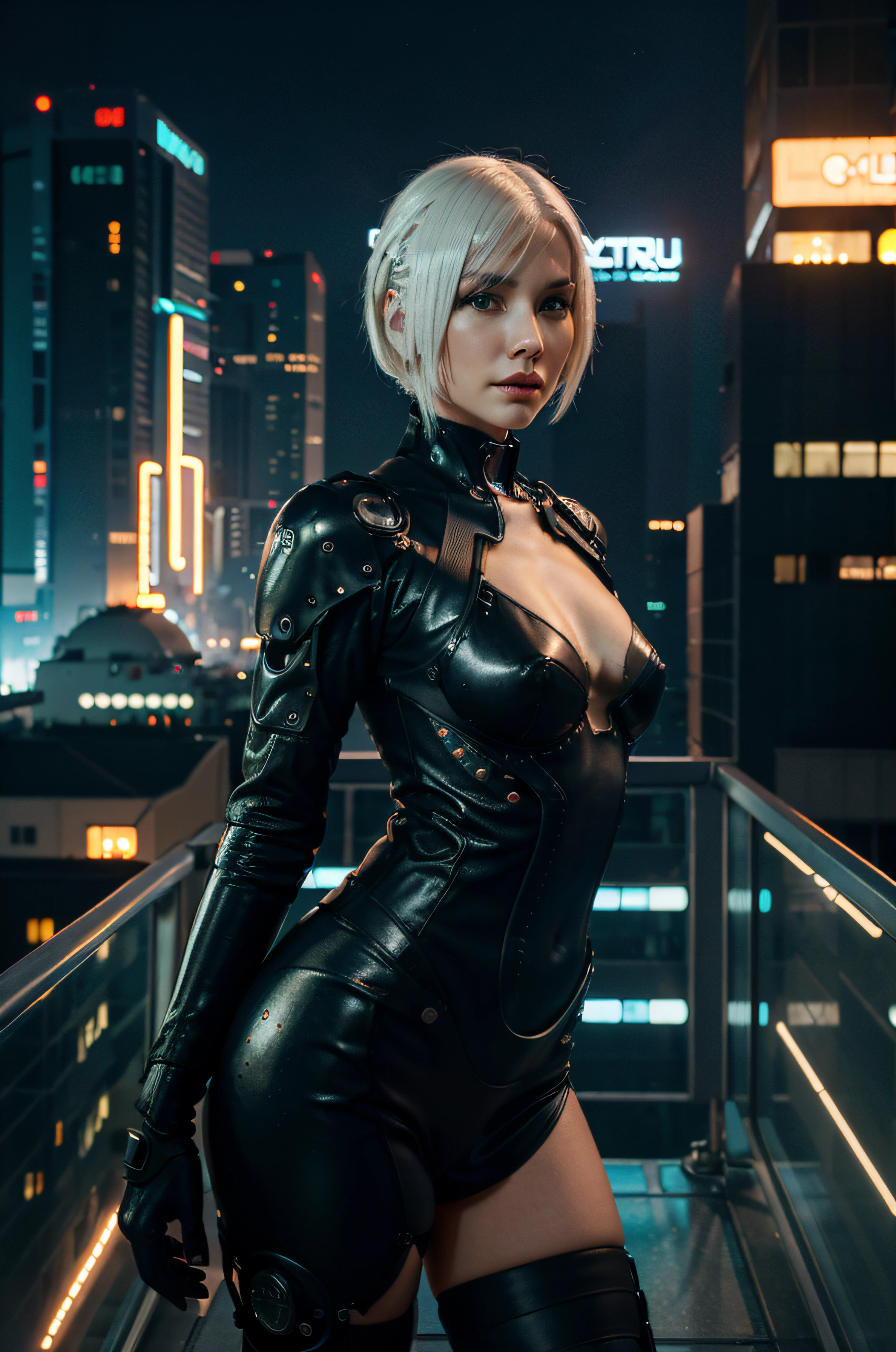 ((pale skin)), ((white skin)), Athletic, ((pale skin)), black hair, Millie Bobby Brown, wavy bob haircut, ((goth)), naked, six-pack abs, ((black lipstick)), pink nipples, sexy armor, cyberpunk, neon cityscape