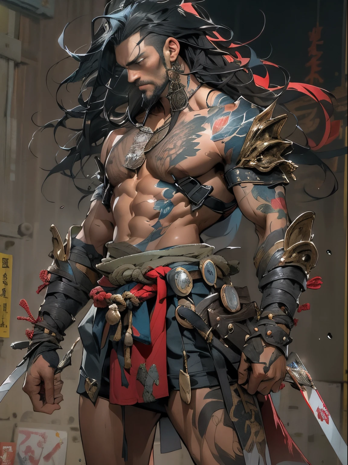 (((mtu))), (((best qualityer))), (((tmasterpiece))), (((AS-))), ((( Japanese ))), Look up from your knees, Handsome Asian samurai,perfect body figure, Modern samurai, ((( Asian))), Wear gloves on your hands,The left arm made of steel and metal tipade of protective devices, The eyes are pulled, (( Appears below the chest )), (( Small dental floss )), Simon Bisley, Almost naked(Simon Bisley)Castle City Wildernesor high-resolution posters, hair straight, Minimum clothing, armure (Crazy clotheull of tips and rivets, tribal tattooull bodyesbian))), Straight brunette hair,Colored hair ends