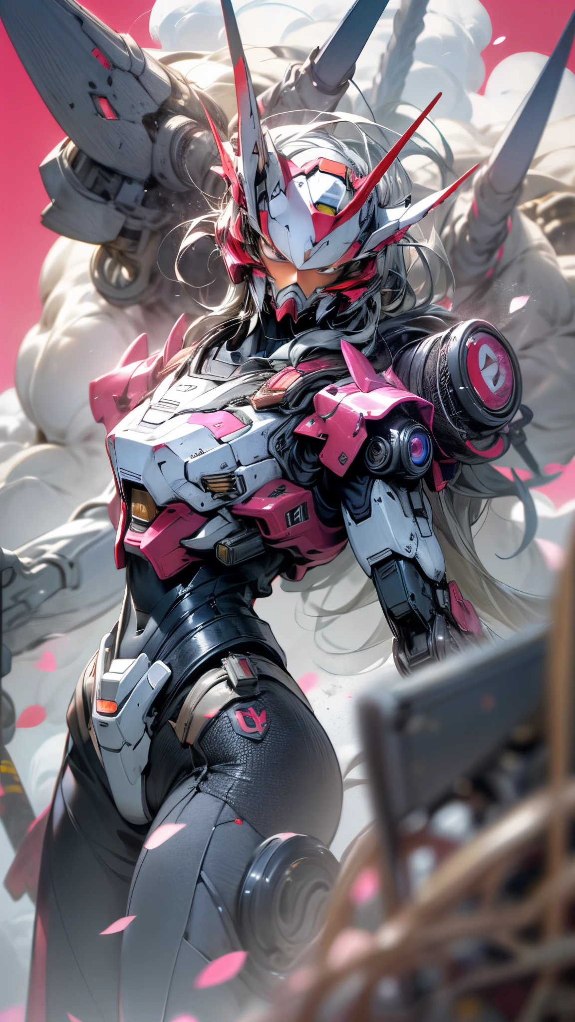 ((Best Quality)), ((Masterpiece)), (Very detailed: 1.3), 8K, cool painting, full of sci-fi atmosphere, heavy machine gun red giant Gundam in both hands, streamlined pink armor, complex weapons and equipment behind it, Gundam humanoid mech, anime mech aesthetic, perfect body proportions, frontal standing posture, white clouds in the sky, cherry blossom red background, looking up view, ray tracing, light particles, nvidia TRTX, super resolution, Unreal 5, anime quadratic style, subsurface scattering, specular and albedo maps, rule of thirds, large aperture, battle stance.