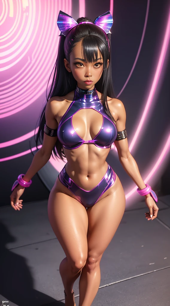 ((full body hyper realistic character concept, full shot, solo, 1girl, masterpiece, Best quality)), (ultra-detailed, detailed: 1.4), 3D, cyberpunk, nagatoro hayase, long black hair, hairclip hair ornament, (egyptian gyaru bimbo, african bimbo gyaru, thin toned body, long legs, flat belly, thick thighs, narrow waist, sculpted calves, toned flat abdomen), wide hips, beautiful, sexy pose, medium breasts, (colored skin, dark skin, dark skinned female), (golden wetsuit),, (holographic pink sarong),, (futuristic luminescent neon girly accessories),, thick lips, lipstick, yellow eyes, detailed face, detailed body, detailed eyes