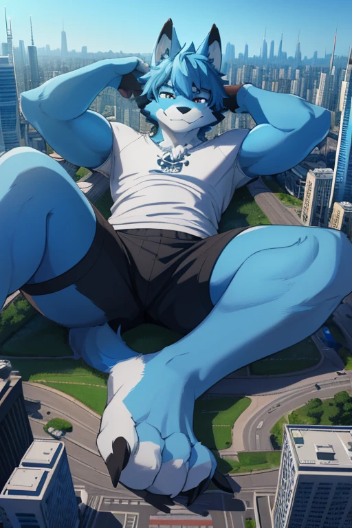 furry, furry male, 1boy, male, fox, anthro, anthropomorphic, white body, blue eyelue arms, blue legs:1.4), blue hair, smile, UHD, masterpiece, 4K, gray t-shirt, black shorts, giant, giga giant, macro, (GTSGiga, cityscape, sprawl:1.4), walking