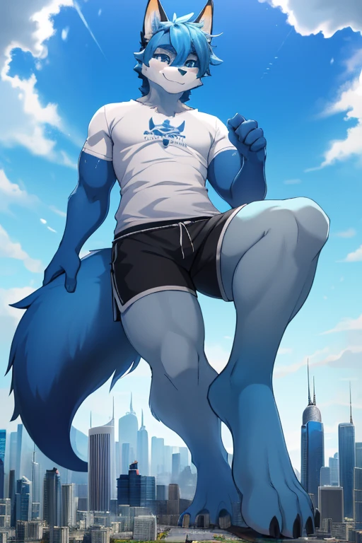 (by zixiong), (1boy), solo, male, kemono, anthro, (blue wolf), white torso, (naked), handsome, muscular body, adult, (detailed black eyes), detailed face, white eyebrows, (1 detailed big hard penis, erection), thick body, nipples, detailed hands, abs, 1 tail, sexy smile, (full-body),💪, BREAK ((masterpiece, high res, best quality)), 8k, nsfw, soft shading, smooth skin, lineart, downtown