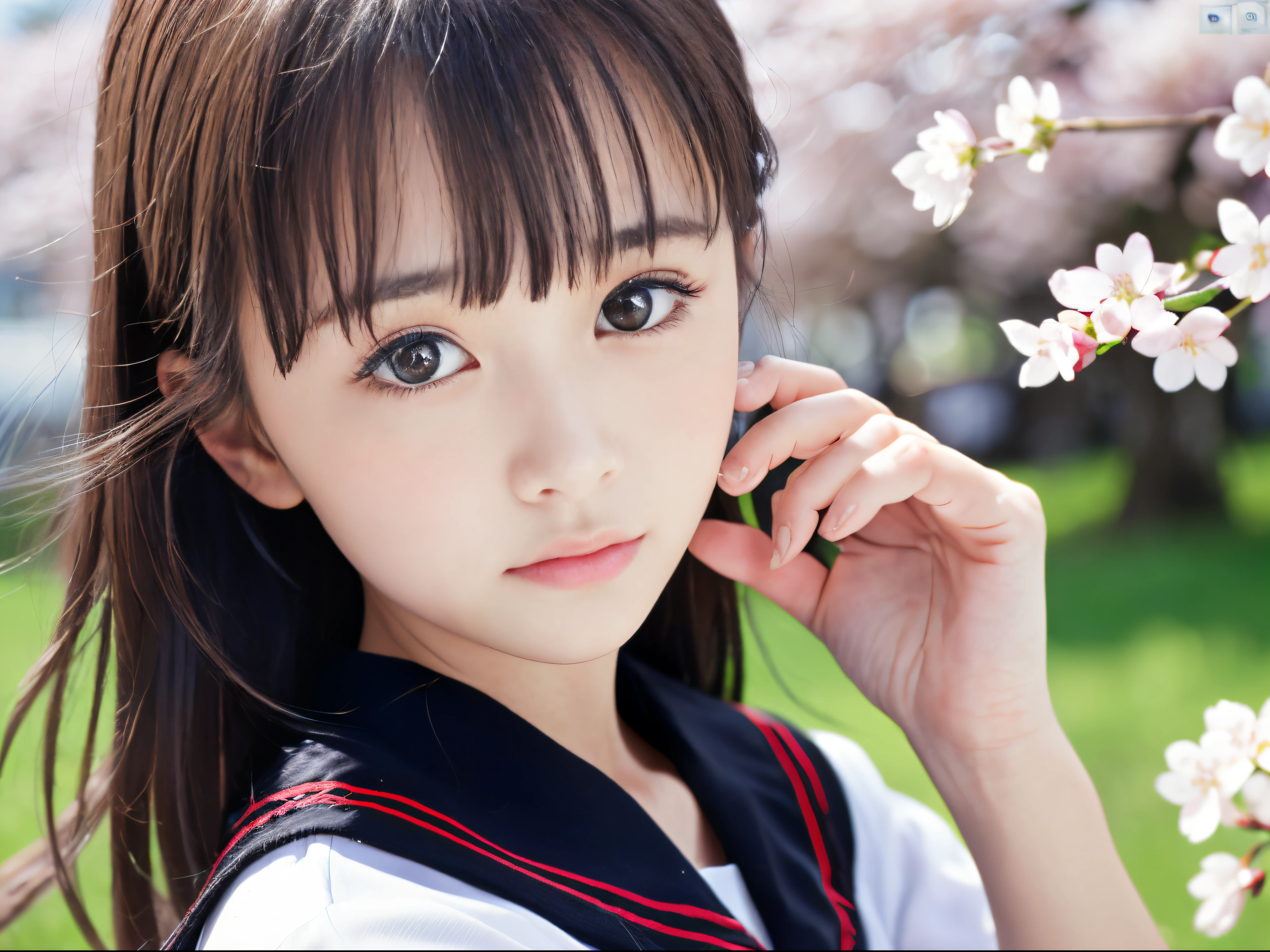 (Close-up of brown half-up long hair of a girl with blunt bangs wearing a white sailor uniform with a black collar and a black skirt with red trim:1.5)、(A girl turns around with a very sad face, Her hair blows in the wind in the schoolyard lined with cherry blossom trees in full bloom.:1.5)、(Blurry background,:1.5)、(Perfect Anatomy:1.5)、(complete hands:1.3)、(complete fingers:1.3)、Photorealsitic、Raw photography、masutepiece、top-quality、hight resolution、delicate and pretty、face perfect、Beautiful detailed eyes、Fair skin、Real Human Skin、((thin legs))