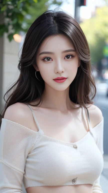 ChineseGirl,ssmile,Sweaters,cabelos preto e longos,黑The eye,lipsticks,Delicatemakeup,Exquisite facial features in front of the camera,8K,Best Picture Quality,high high quality,looking at the camera in,External,Shooting outdoors,closeup of face,ssmile