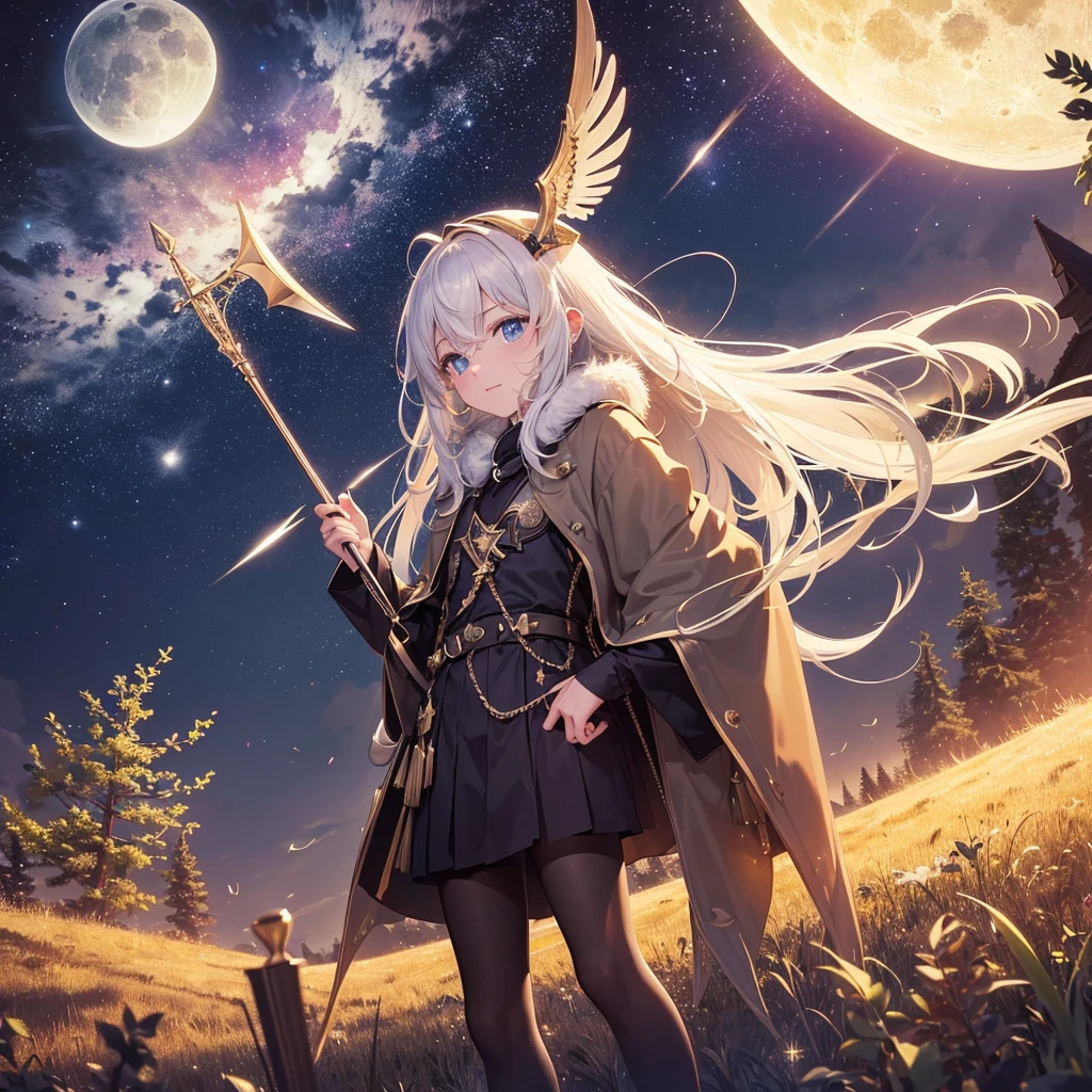 Dirigent, Taktstock, Musik, Halo, Himmel ((Nacht, Sterne Mond, Freier himmel, Atemberaubend)), Feld, 8k, Meisterwerk, Top quality, Best quality, Detailed Eyes, Detailed, divine