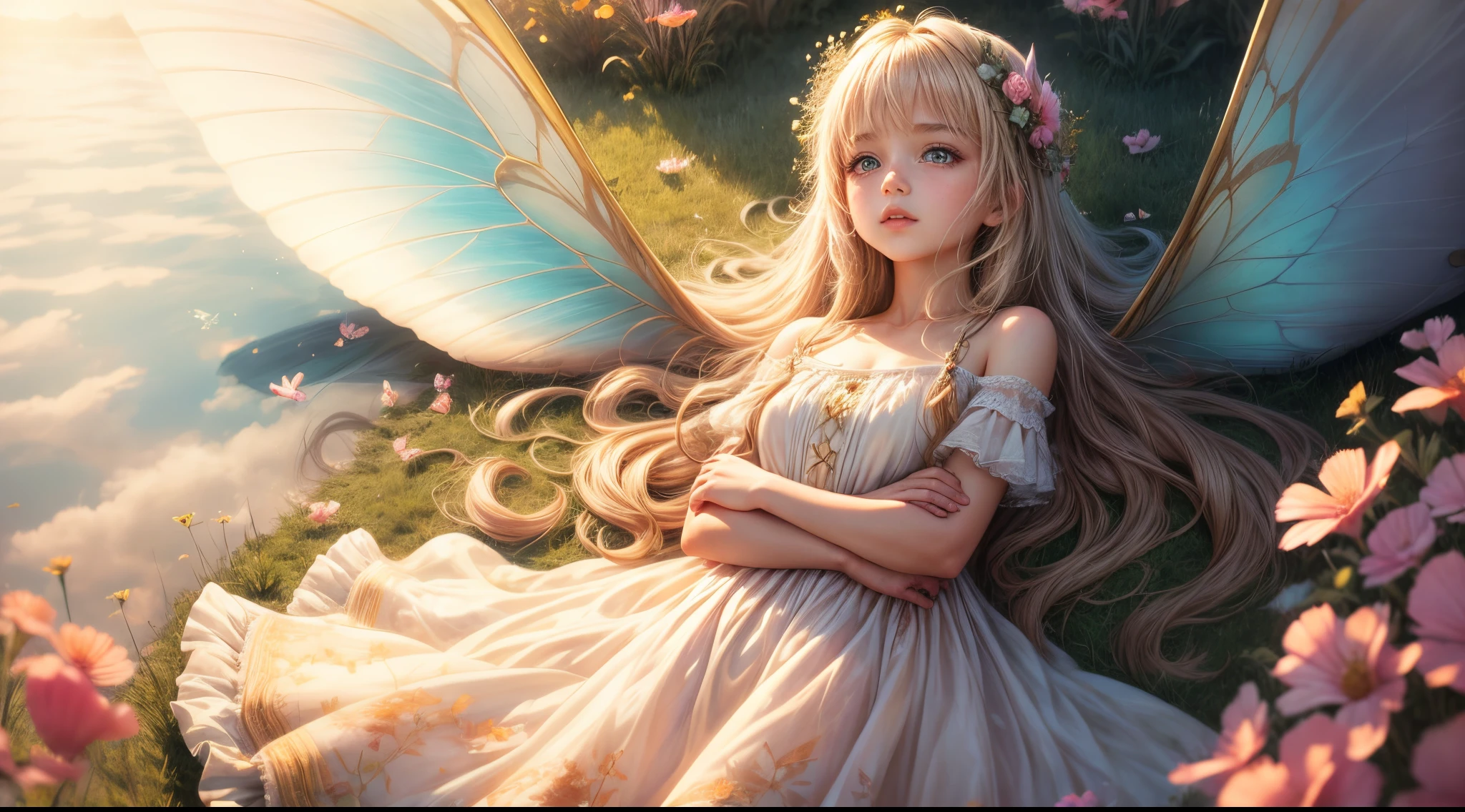 "((Innocent)) girl, golden hour, dreamy meadow, ethereal, whimsical, flowing dress, soft sunlight, enchanting, butterfly wings, (pastel clouds), liquid reflections