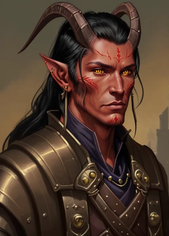 Tiefling, male, horns, solo, pointy ears, earrings, male focus, armor, long hair, black hair, colored skin, steampunk clothing, looking at viewer, realistic, upper body, yellow eyes, portrait, colored sclera, closed mouth, red skin, ((masterpiece, best quality)), art by greg rutkowski