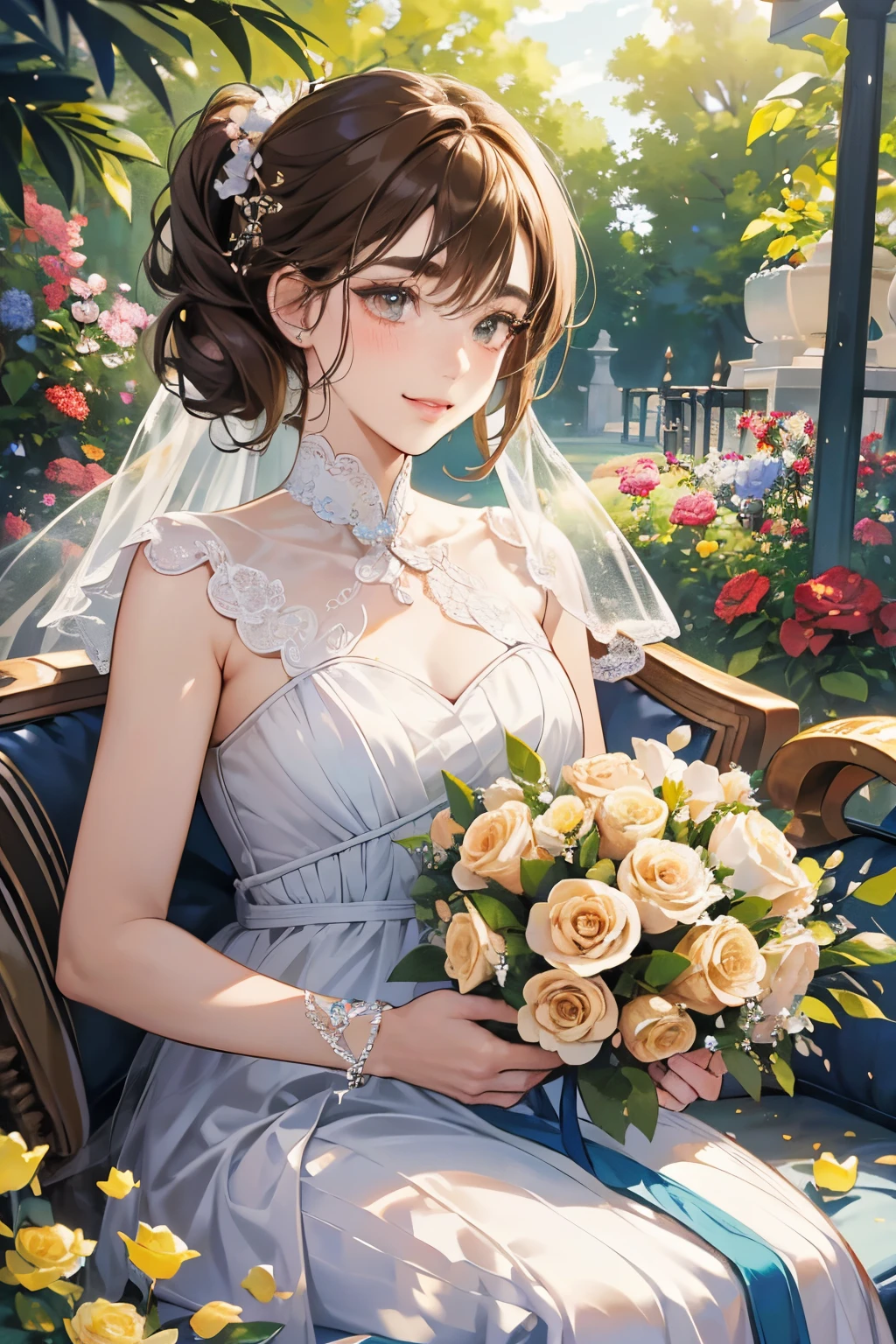(masutepiece, Digital Art, Digital Illustration, 4K, 8K, Ultra-detailed, beautiful image, Sharp Image, Photorealistic, Raw photo, Perfect face, Perfect lines, Perfect eyes, Soft lighting) 1 woman, (lightbrown hair,Chignon Hair,Innocent look,drooping eyebrows,drooing eyes,with round face,Round jaws、Innocence,cute little,big eye,natural make up,kindly smile,E-cup,23 y-o woman:1.3),Two handsome men in suits, (ember,Men in suits,well-muscled,Firm shoulder width, Adult male、Boyish hairstyle,Man in his 30s with a cool expression,28-year-old man with bright smile:1.2),A garden full of light、lots of flower、The fountain、Colorful flowers、(embarrassed from,Shy smile,bouquet of yellow roses:1.2),Antique sofa,Resort Sofa,the kiss、kiss、a couple、couple kissing、Romance、weddingdress、Wedding、Kiss of vows