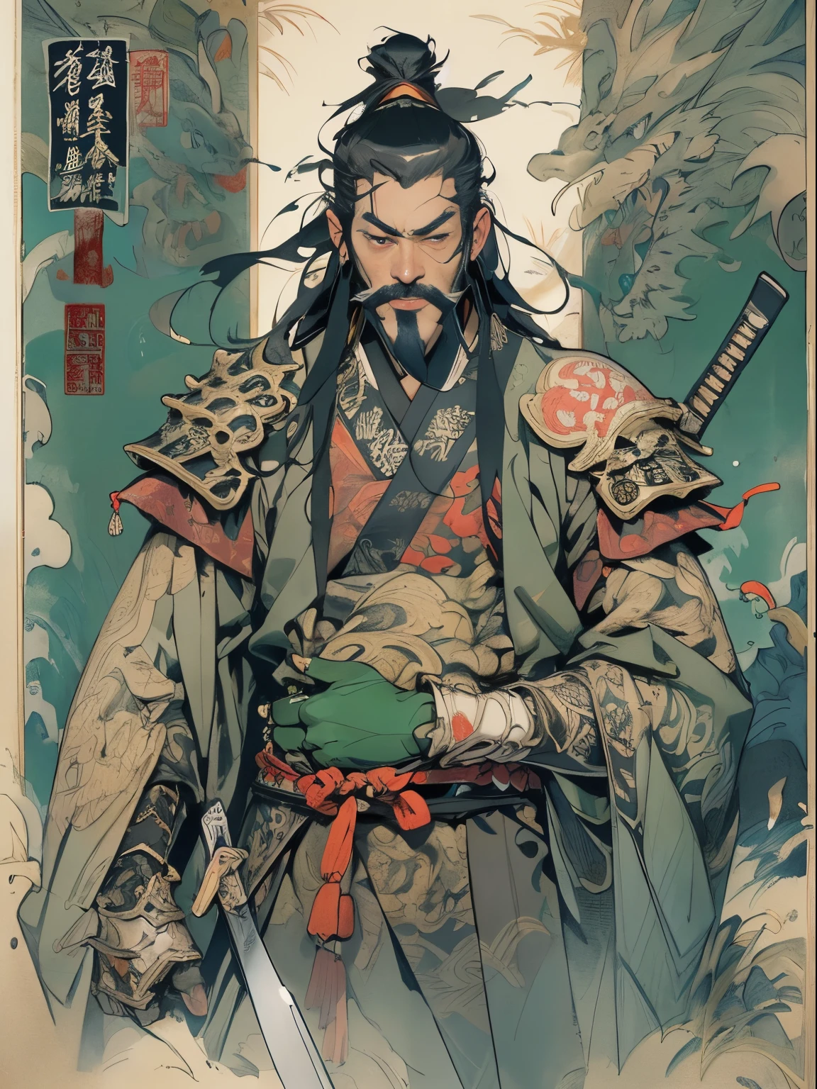 (((China-style,Ink painting method,Half-length portrait,Intense color,Han dynasty, China,Hanfu,Armor,Guan yu,Guan Yunchang,of a guy,Ruddy killing square face,Hold the Blue Dragon Moon Knife in his right hand,Stroke your beard with your left hand,Long hair,petty eyes,Green robe))), (((best qualityer))), (((tmasterpiece))), (((AS-))), ((( Japanese ))), Look up from your knees, Handsome Asian samurai,perfect body figure, Modern samurai, ((( Asian))), Wear gloves on your hands,The left arm made of steel and metal tipade of protective devices, The eyes are pulled, (( Appears below the chest )), (( Small dental floss )), Simon Bisley, Almost naked(Simon Bisley)Castle City Wildernesor high-resolution posters, hair straight, Minimum clothing, armure (Crazy clotheull of tips and rivets, tribal tattooull bodyesbian))), Straight brunette hair,Colored hair ends