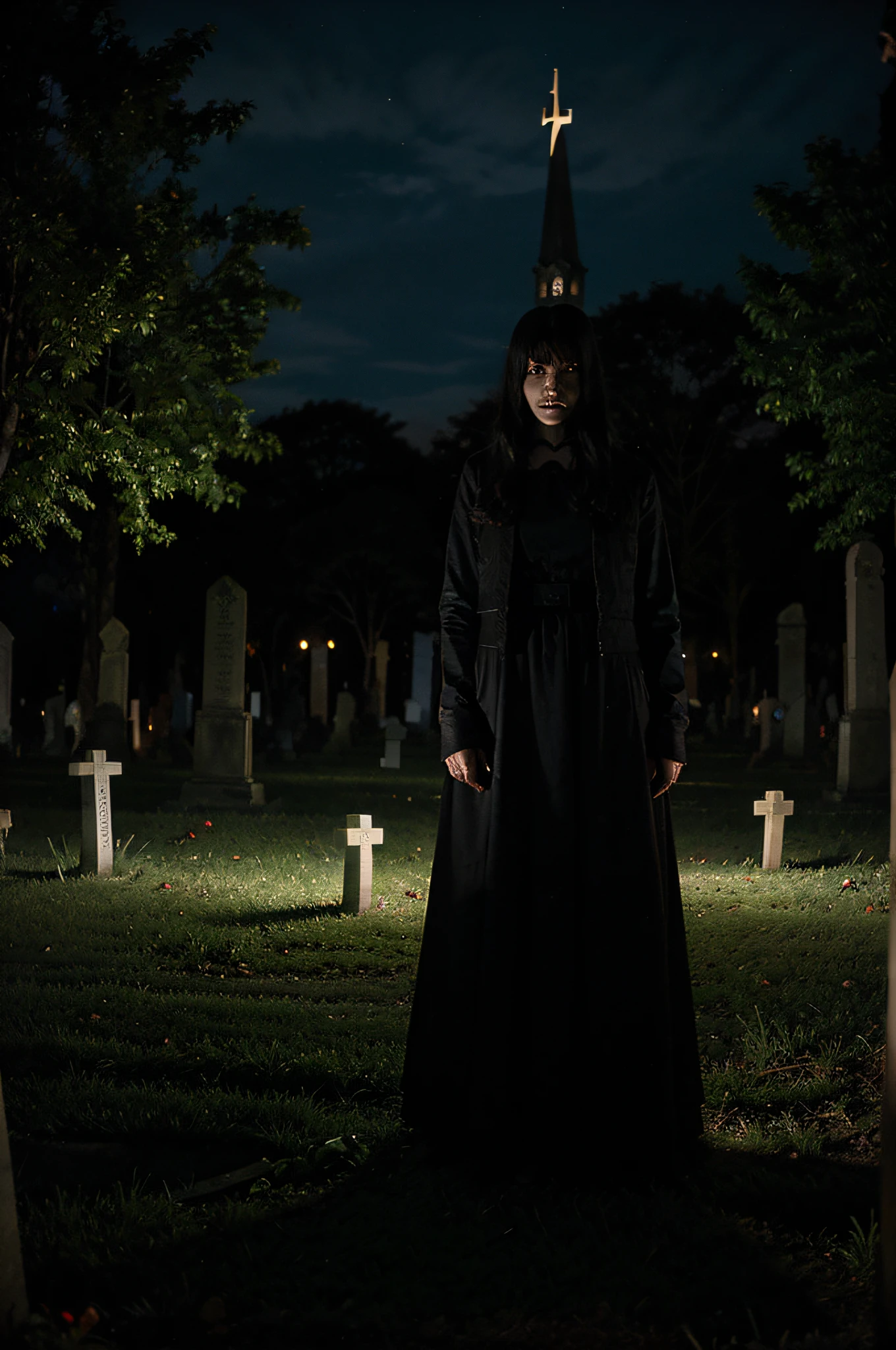 sinister night cemetery, igreja ao fundo, fotografia filme de terror