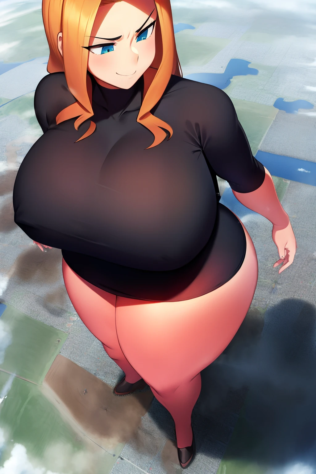 Giantess, curvy, busty, smirk, evil, thick thighs