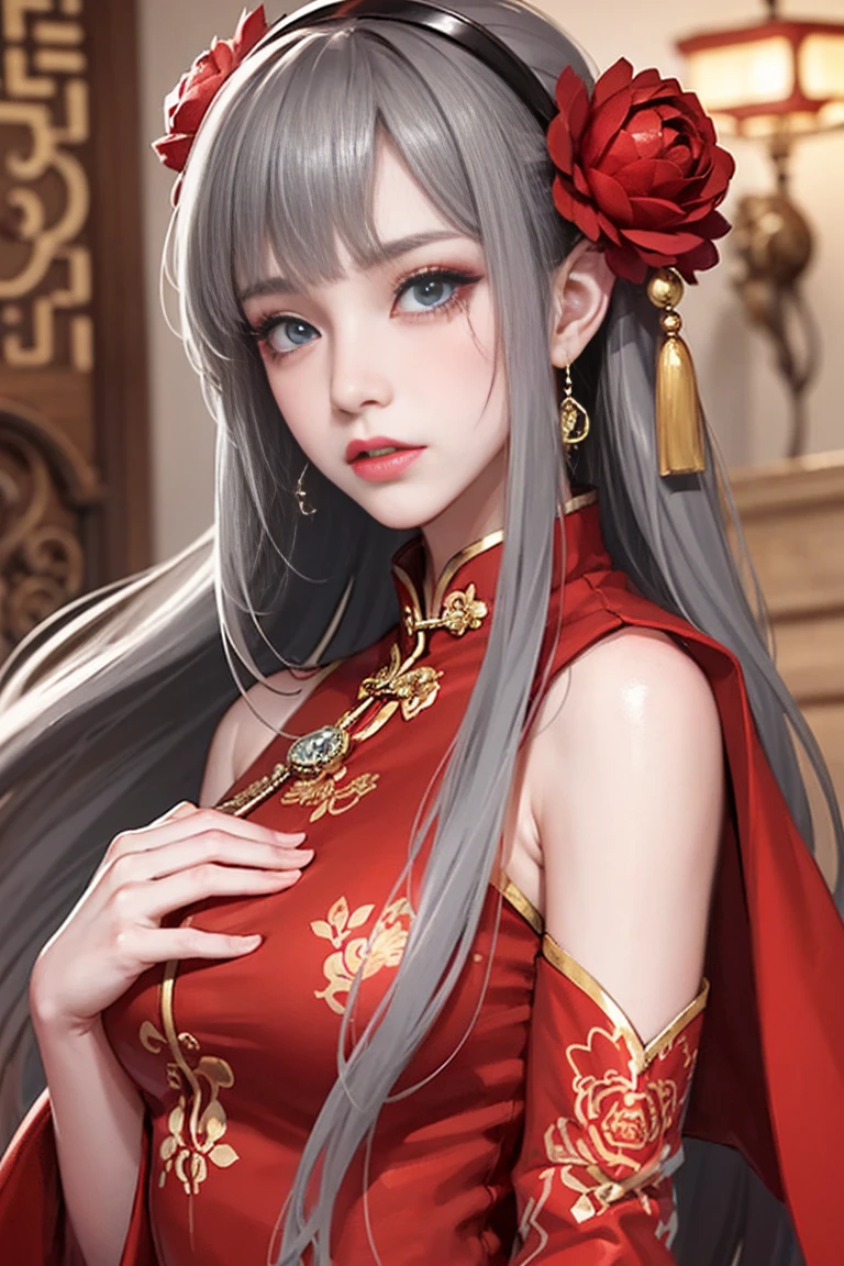 a girl sad, beautiful eyes tears, sad，Open lips，Long gray hair，Red dress，Chinese style clothes，