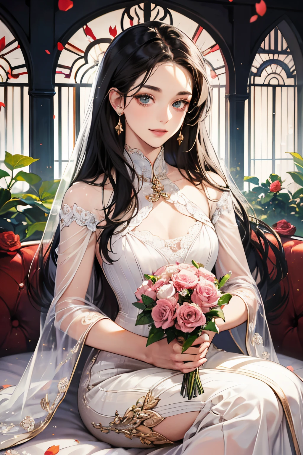 a young woman named Isabella. Her white silk dress was adorned with red roses, and her dark hair fell in soft waves over her shoulders