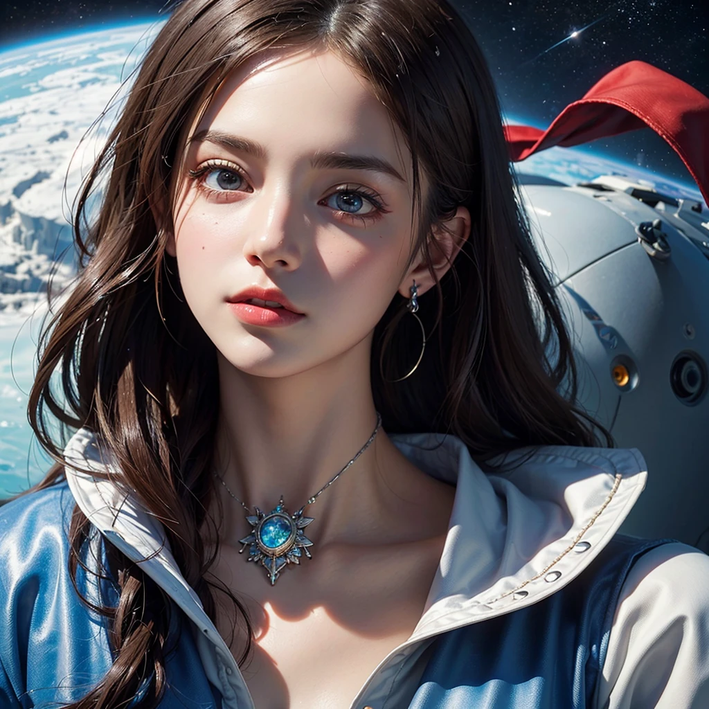 (A hyper-realistic), (hight resolution), (8K), (ighly detailed), (beatiful detailed eyes), (top-quality), (ultra-detailliert), (masterpiece), (A detailed face), Futuristic building in the shape of Santa Claus floating in space,