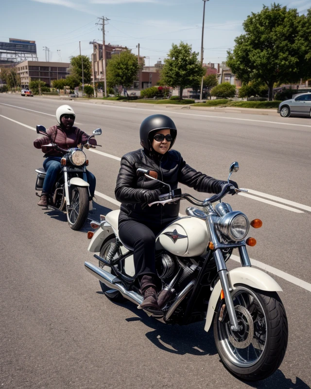 (8K, Raw photo, Best Quality, masutepiece: 1.2), (Realistic, Realistic: 1.37), Grandma riding a Harley, City Background, avatar .50mm Lens