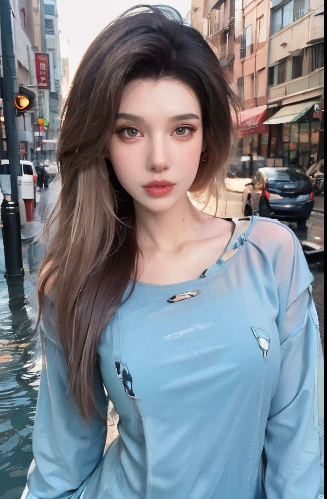 The highest image quality, tmasterpiece, super tall:1.4), Number of photos, 1 girl in,Highly Detailed Face and Skin Textur, 詳細な目, photorealistic eye, 美丽詳細な目, (Realistic skin), Attractive, Ultra-high sharpness, hyper realisitc, Very meticulous, the golden ratio, (sweatshirts, water leakage, hori&#39;tas&#39;too dark, be desperate, compassionate, Poor, 电影灯光, watery big eyes, watery big eyes, (Torn clothes: 1.5), ((wetclothes: 1.4)), bshoulders, True rain, Wet hair, ((Korea, of the whole body))