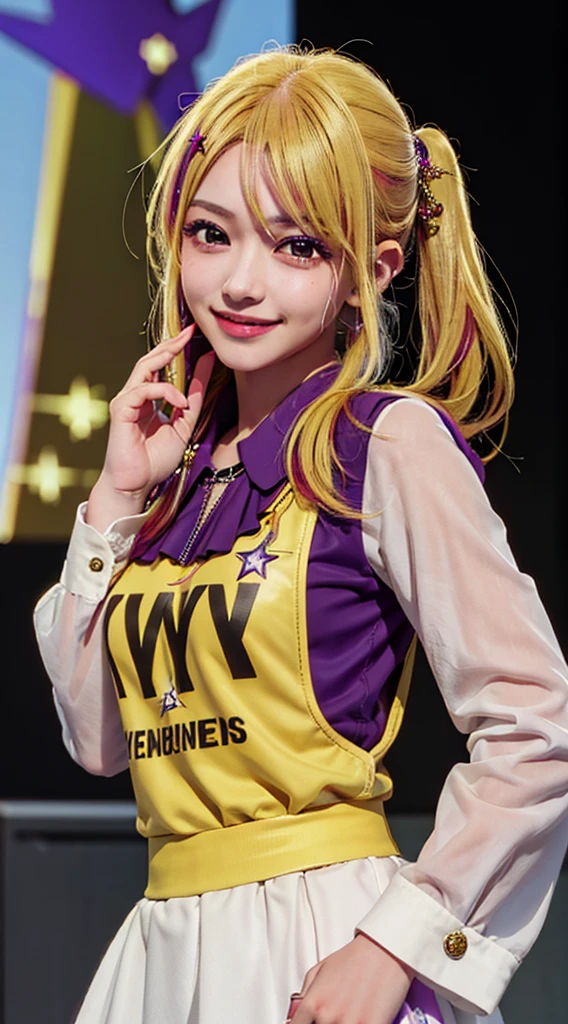 1girl, masterpiece, best quality, cowboy shot, ruby(oshi no ko), long hair, yellow hair, streaked hair ,purple eyes, star-shaped pupils, hair ornament, idol outfit, smiling