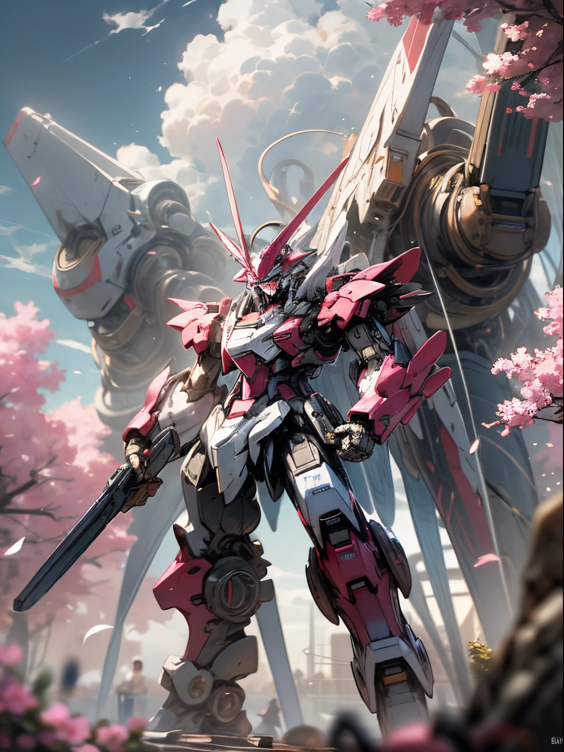 ((Best Quality)), ((Masterpiece)), (Very detailed: 1.3), 8K, cool painting, full of sci-fi atmosphere, heavy machine gun red giant Gundam in both hands, streamlined pink armor, complex weapons and equipment behind it, Gundam humanoid mech, anime mech aesthetic, perfect body proportions, frontal standing posture, white clouds in the sky, cherry blossom red background, looking up view, ray tracing, light particles, nvidia TRTX, super resolution, Unreal 5, anime quadratic style, subsurface scattering, specular and albedo maps, rule of thirds, large aperture, battle stance.