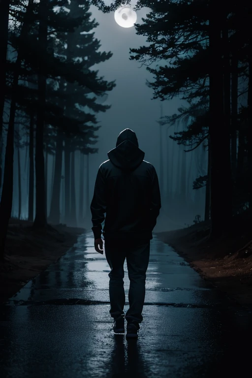 a man, hoodie, backview, raining, road in the forest, in the dark, lit by the moon