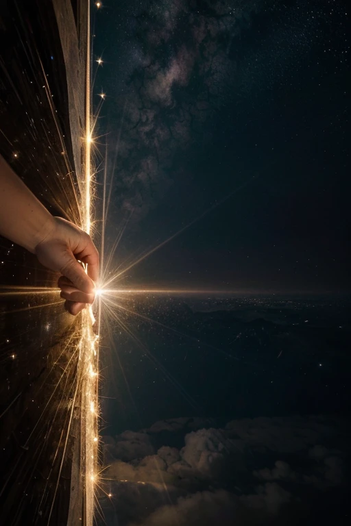 "Visualize a celestial landscape where heaven merges with earth, representing the connection between the divine and the human. In the center of the scene, a book representing the holy bible. Around it, hands raised in prayer radiate energy and light, projecting shining beams toward the heavens. These beams transform into bridges that reach beyond the impossible, connecting with twinkling stars. This image portrays the power of prayers as a bridge between our humanity and divine possibility, showing that, On the way of faith, the impossible  simply a door to be opened."