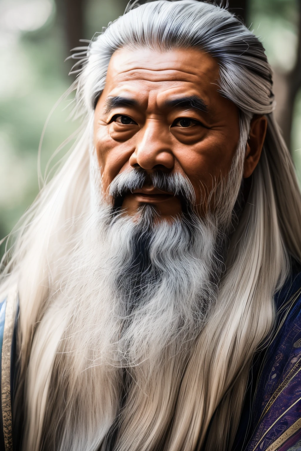 Chinese philosopher Confucius（Older men），facing us, The upper part of the body，strong lightackground bokeh，depth of fieldlur backgroun，light particules，strong winds， （Heart particles：1.1），long white hair and beard，wearing long white togas, Inspired by Hu Zaobin, detailed white long hair, inspired by Li Cheng, inspired by Wu Daozi, inspired by Dong Yuan, white long beard，Front close-up