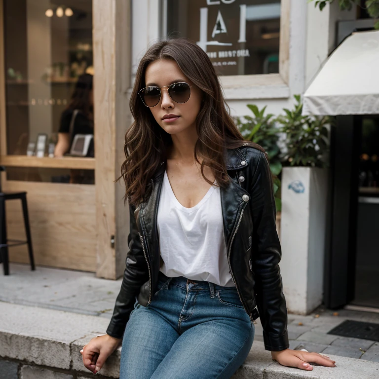 best quality, masterpiece, (realistic: 1.2), 20-year-old Italian woman, wearing sunglasses, cute face, fit body, holding coffee, modern style, sitting at Starbucks, detailed face, detailed eyes, green eyes, thin lips, long dark wavy brunette hair detailed, happy expression, detailed skin, (look at the viewer, dramatic, vibrant, sharp focus, 50mm, F1.2, EOS-1D X Mark IIelfie) wearing torn black jeans, heels, wearing black leather jacket and see through white under shirt tanktoo