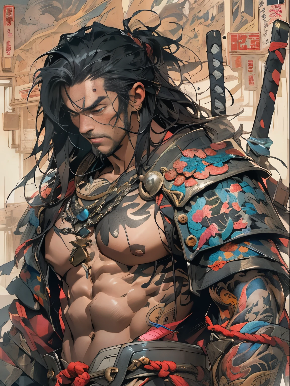 (((mtu))), (((best qualityer))), (((tmasterpiece))), (((AS-))), ((( Japanese ))), Look up from your knees, Handsome Asian samurai,perfect body figure, Modern samurai, ((( Asian))), Wear gloves on your hands,The left arm made of steel and metal tipade of protective devices, The eyes are pulled, (( Appears below the chest )), (( Small dental floss )), Simon Bisley, Almost naked(Simon Bisley)Castle City Wildernesor high-resolution posters, hair straight, Minimum clothing, armure (Crazy clotheull of tips and rivets, tribal tattooull bodyesbian))), Straight brunette hair,Colored hair ends