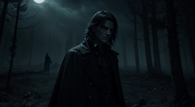 (best quality,highres:1.2),a man with ghost,gazing at each other in dark and gloomy night,illustration,fine details,haunting atmosphere,detailed facial expressions,dark shadows,chilling presence,mysterious aura,epic scene,gothic style,dramatic lighting,vibrant colors,ethereal ambience,ghostly figures,ominous moonlight,hauntingly beautiful,whisper of the wind,spooky atmosphere,magic in the air,mystical mood