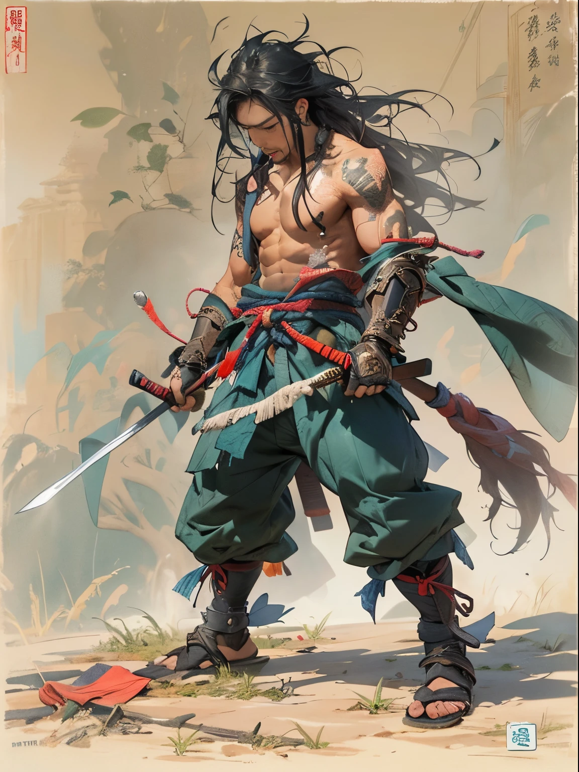 (((mtu))), (((best qualityer))), (((tmasterpiece))), (((AS-))), ((( Japanese ))), Look up from your knees, Handsome Asian samurai，perfect body figure, Modern samurai, ((( Asian))), Wear gloves on your hands，The left arm  made of steel and metal tipade of protective devices, The eyes are pulled, (( Appears below the chest )), (( Small dental floss )), Simon Bisley, Almost naked（Simon Bisley）Castle City Wildernesor high-resolution posters, hair straight, Minimum clothing, armure (Crazy clotheull of tips and rivets, tribal tattooull bodyesbian))), Straight brunette hair，Colored hair ends