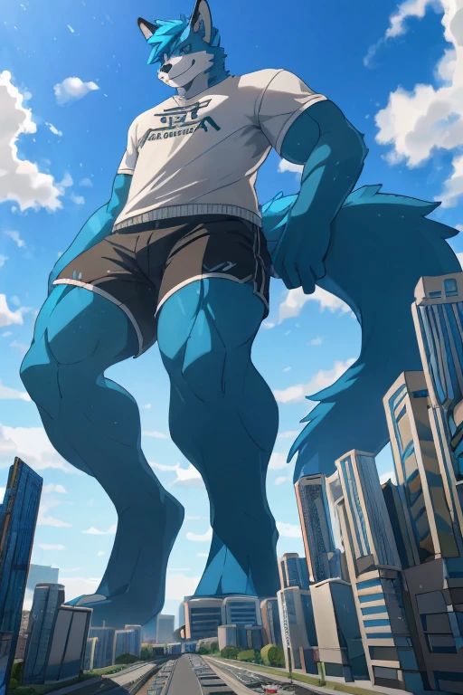 furry, furry male, 1boy, male, fox, anthro, anthropomorphic, white body, blue eyelue arms, blue legs:1.4), blue hair, smile, UHD, masterpiece, 4K, gray t-shirt, black shorts, giant, giga giant, macro, (GTSGiga, cityscape, sprawl:1.4), walking