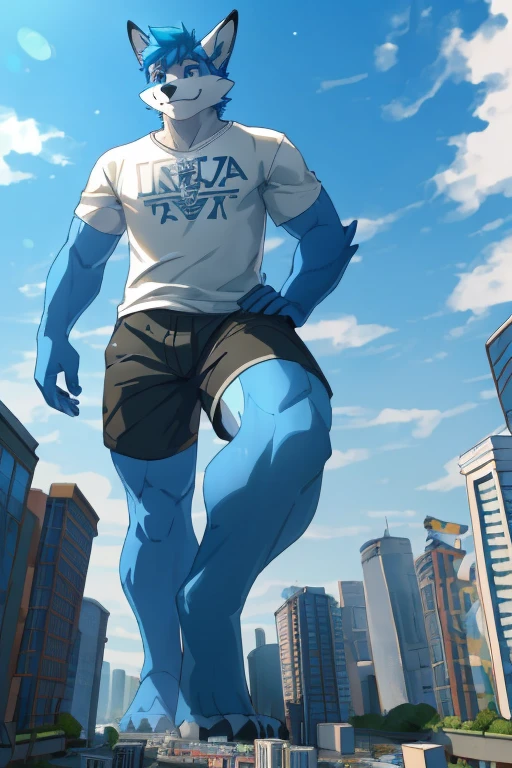 furry, furry male, 1boy, male, fox, anthro, anthropomorphic, white body, blue eyelue arms, blue legs:1.4), blue hair, smile, UHD, masterpiece, 4K, gray t-shirt, black shorts, giant, giga giant, macro, (GTSGiga, cityscape, sprawl:1.4), walking