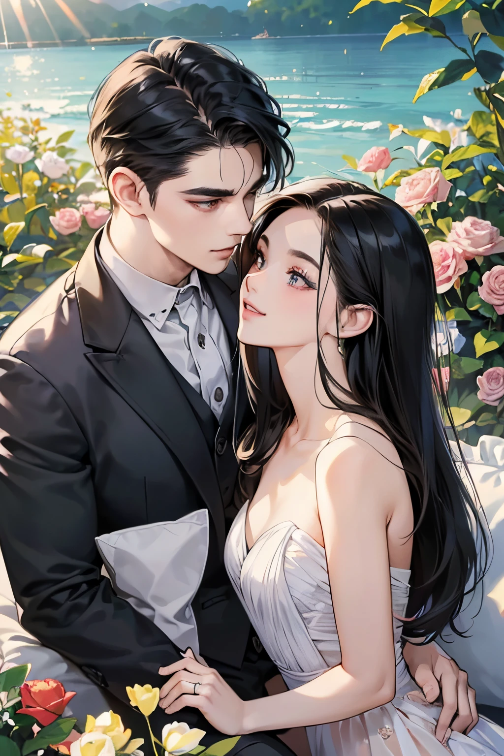 (masutepiece, Digital Art, Digital Illustration, 4K, 8K, Ultra-detailed, beautiful image, Sharp Image, Photorealistic, Raw photo, Perfect face, Perfect lines, Perfect eyes, Soft lighting) ,1 woman, (Long Black Hair,straight haired,Bullish gaze,Beautie,ellegance,Solid makeup,23 y-o woman,small tits:1.3),Two handsome men in suits, (ember,well-muscled,Firm shoulder width, Man's,Boyish hairstyle,English gentlemanly style,Man in his 30s with a cool expression,28-year-old man with bright smile:1.2),Show white teeth and smile(embarrassed from,Shy smile:1.1),A garden full of light、The fountain、Resort Sofa、colorful flower、innocent smiles,Laugh、couple kissing、kiss、the kiss、Romance、Mermaid line wedding dress rose bouquet、