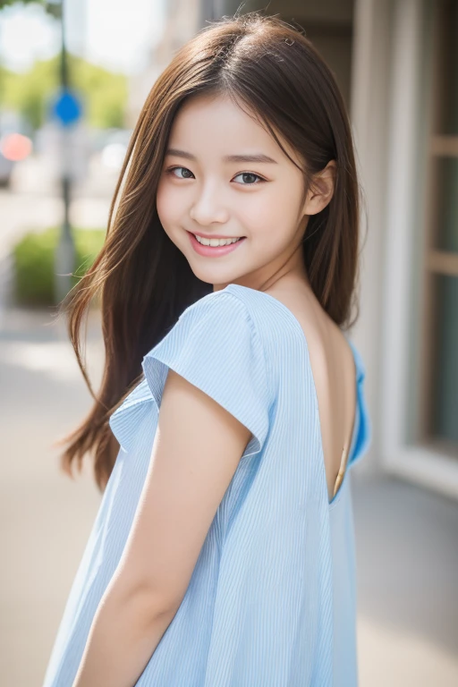 8K beautiful high school girl wearing summer clothes with double eyelids looking back，Cute，A smile that makes you want to hug，a baby face、childish、
