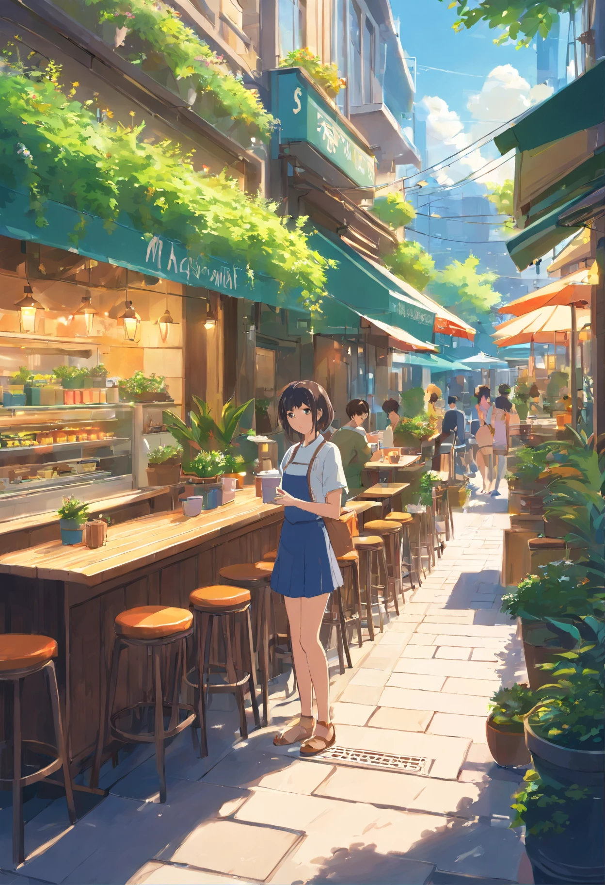 A girl, outdoor cafe, streetview, potted.