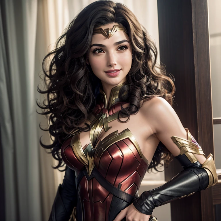 best quality, high resolution, 8k, Woman, Gal Gadot,curly hair, fake eyelashes, olhando para o observador, sorrisinho